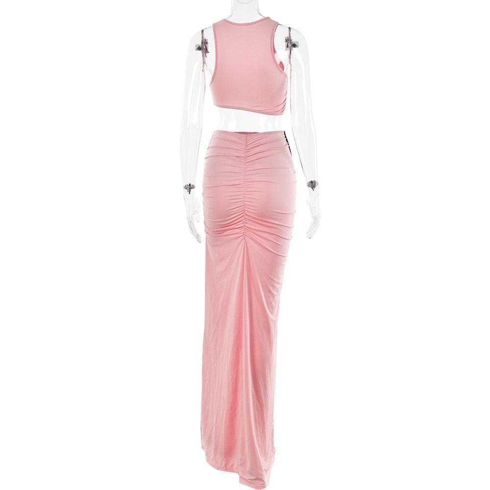Y2K Coquette Aesthetic Bowknot Slit Ruched Maxi Skirt Set - Cute Pastel Goth Style