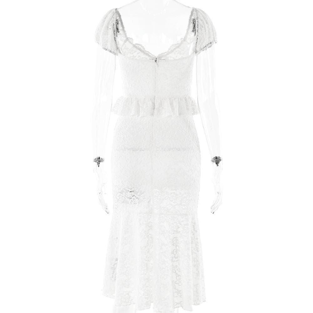 Y2K Coquette Aesthetic Cap Sleeve Bowknot Lace Ruffle Backless Midi Dress