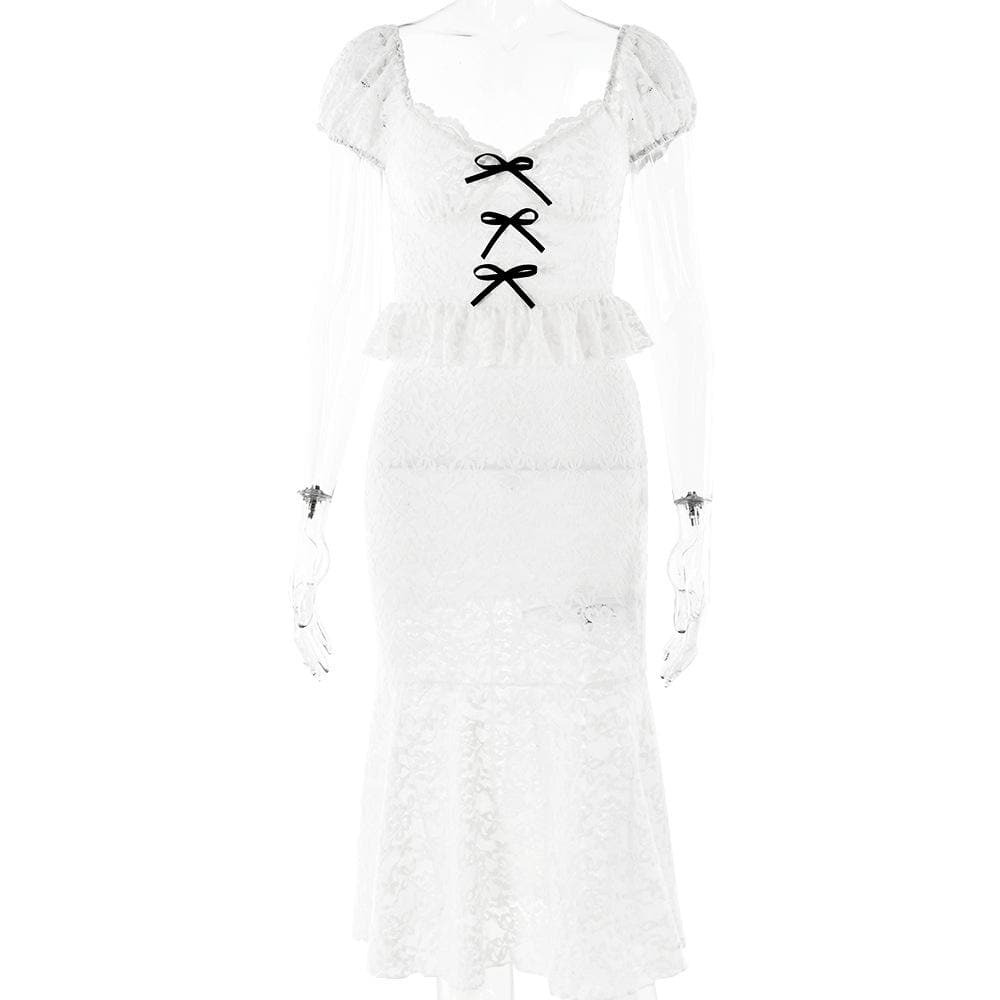 Y2K Coquette Aesthetic Cap Sleeve Bowknot Lace Ruffle Backless Midi Dress