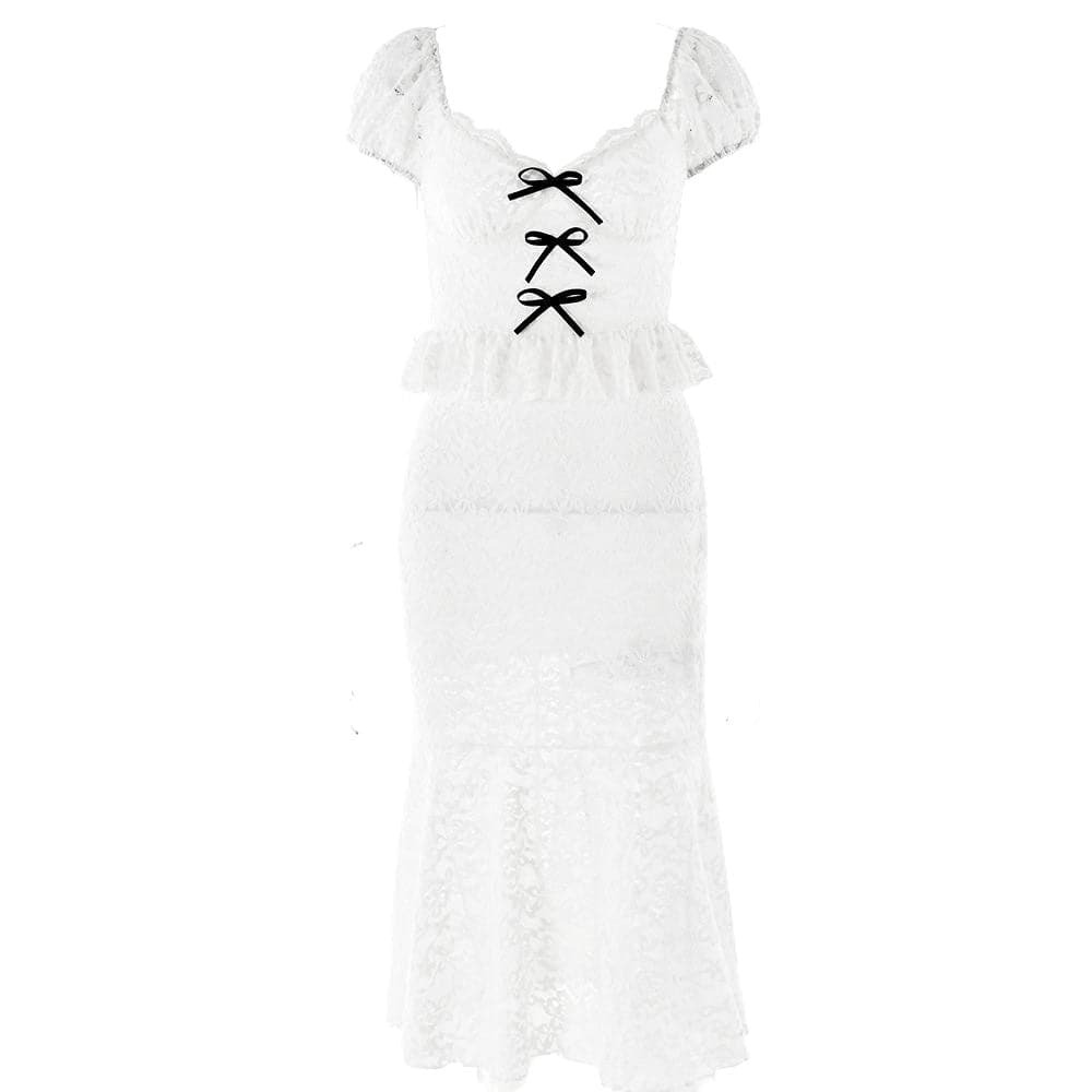 Y2K Coquette Aesthetic Cap Sleeve Bowknot Lace Ruffle Backless Midi Dress
