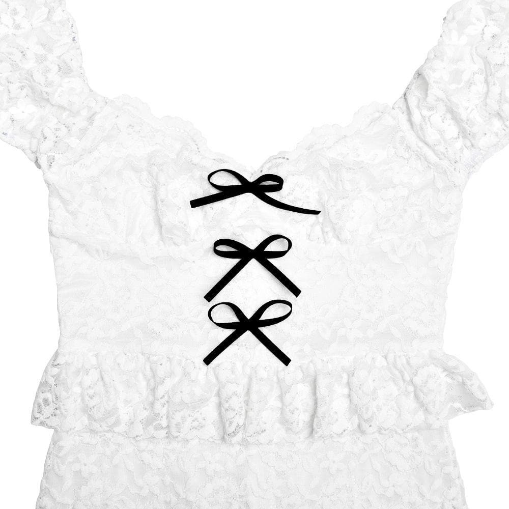 Y2K Coquette Aesthetic Cap Sleeve Bowknot Lace Ruffle Backless Midi Dress