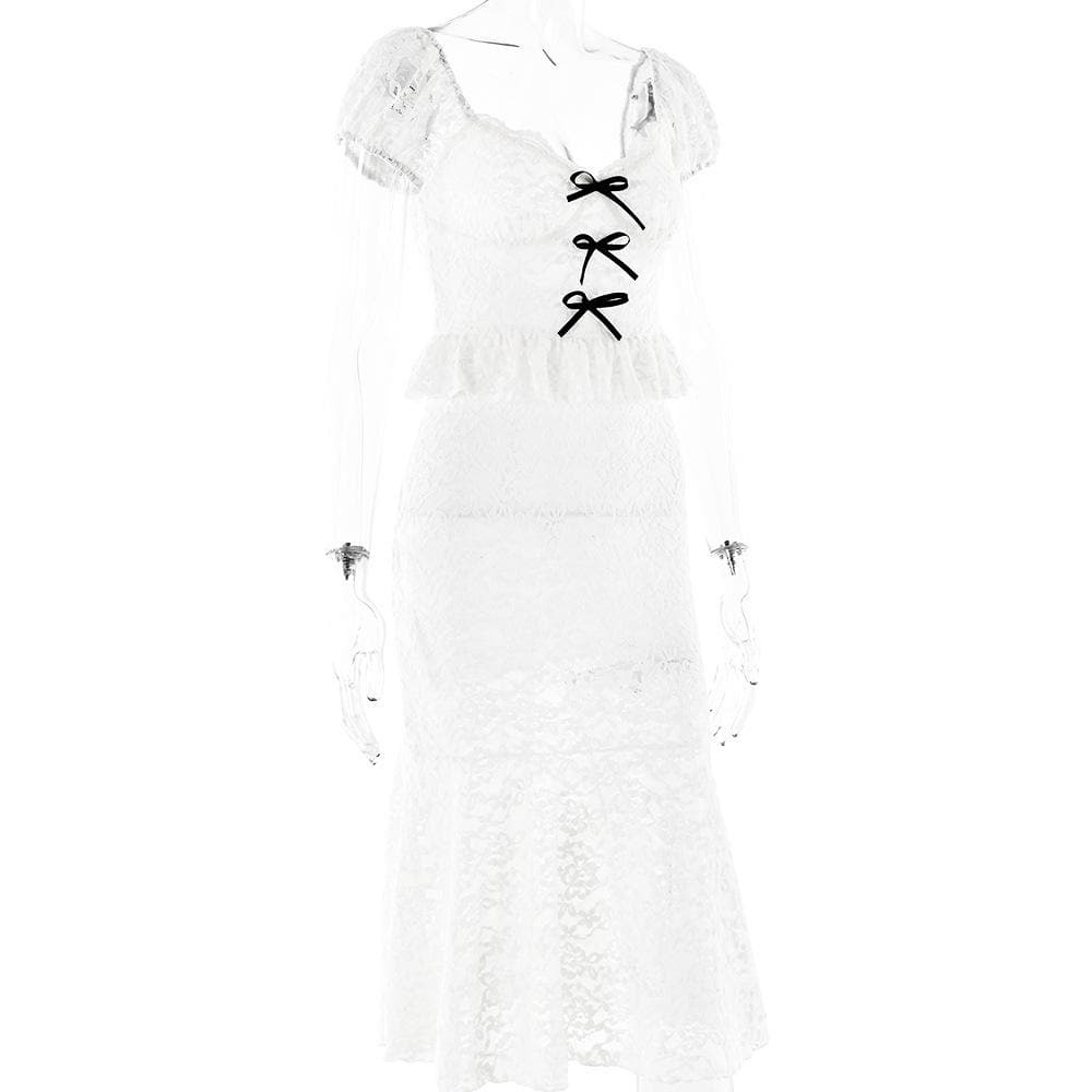 Y2K Coquette Aesthetic Cap Sleeve Bowknot Lace Ruffle Backless Midi Dress