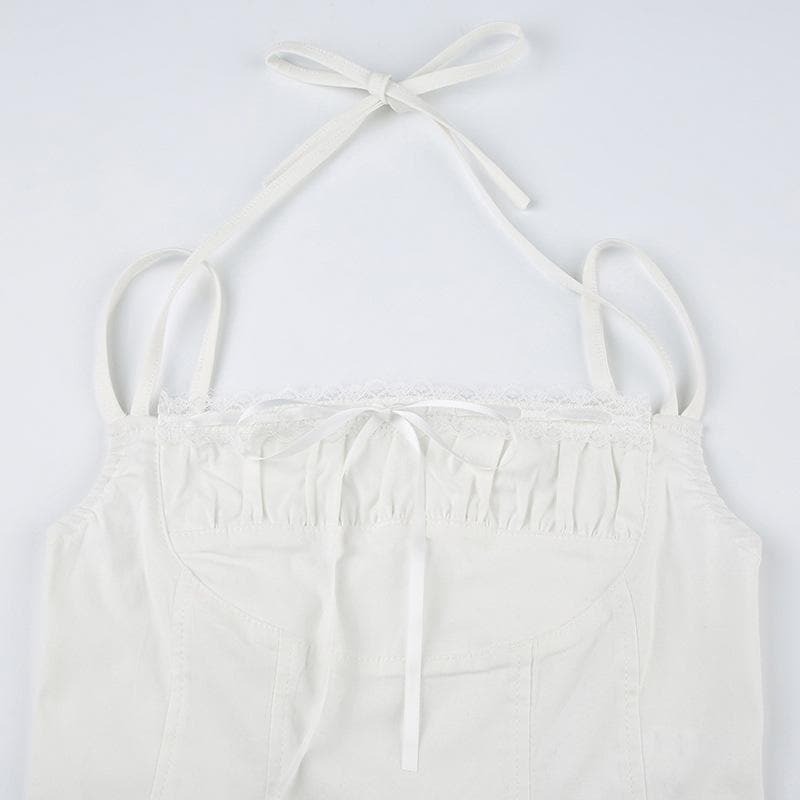 Y2K Coquette Aesthetic Halter Bustier Cami Top with Bowknot & Ruched Stitch Detail