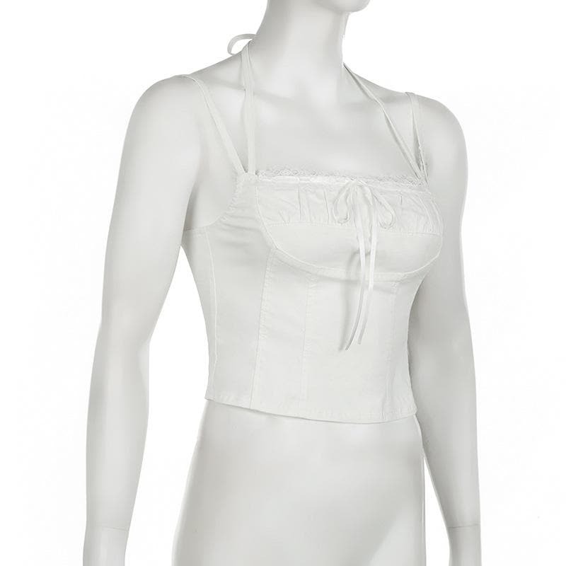 Y2K Coquette Aesthetic Halter Bustier Cami Top with Bowknot & Ruched Stitch Detail