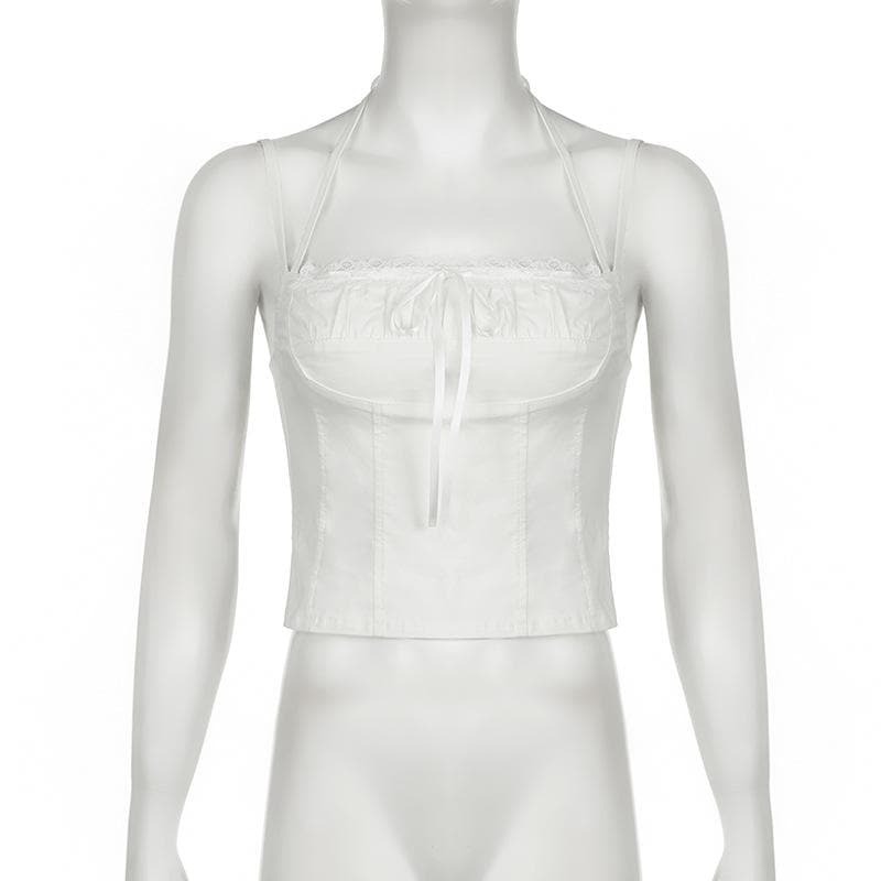 Y2K Coquette Aesthetic Halter Bustier Cami Top with Bowknot & Ruched Stitch Detail