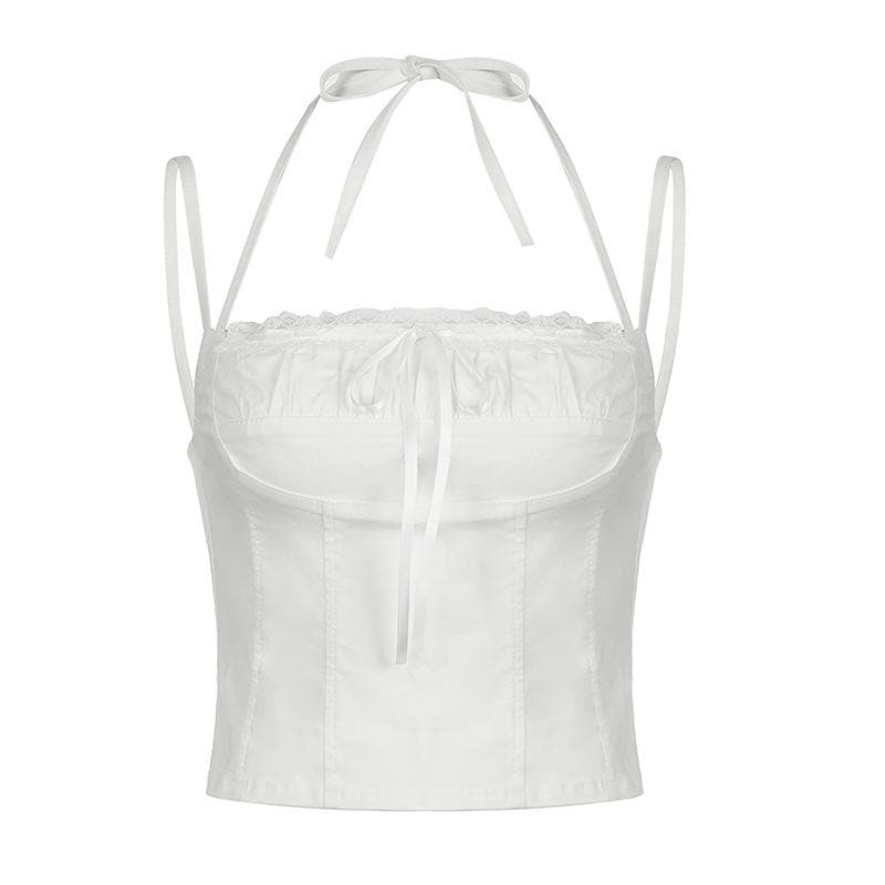 Y2K Coquette Aesthetic Halter Bustier Cami Top with Bowknot & Ruched Stitch Detail