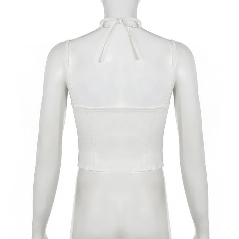 Y2K Coquette Aesthetic Halter Bustier Cami Top with Bowknot & Ruched Stitch Detail