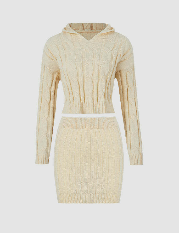 Y2K Coquette Aesthetic Hooded Knit Twist High Waist Skirt Set for Cute Outfits