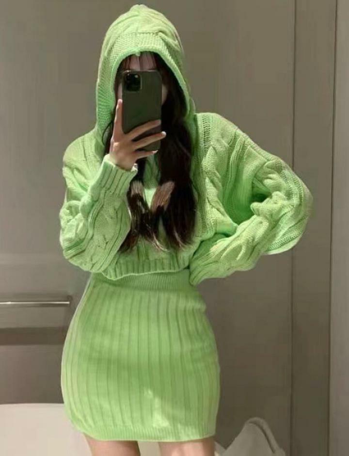 Y2K Coquette Aesthetic Hooded Knit Twist High Waist Skirt Set for Cute Outfits