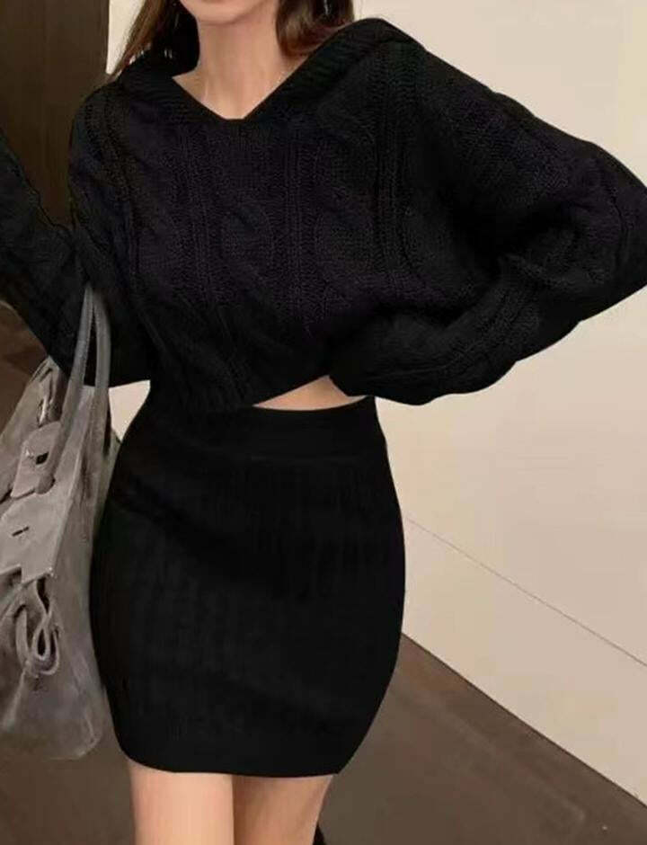 Y2K Coquette Aesthetic Hooded Knit Twist High Waist Skirt Set for Cute Outfits