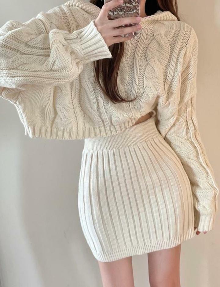 Y2K Coquette Aesthetic Hooded Knit Twist High Waist Skirt Set for Cute Outfits