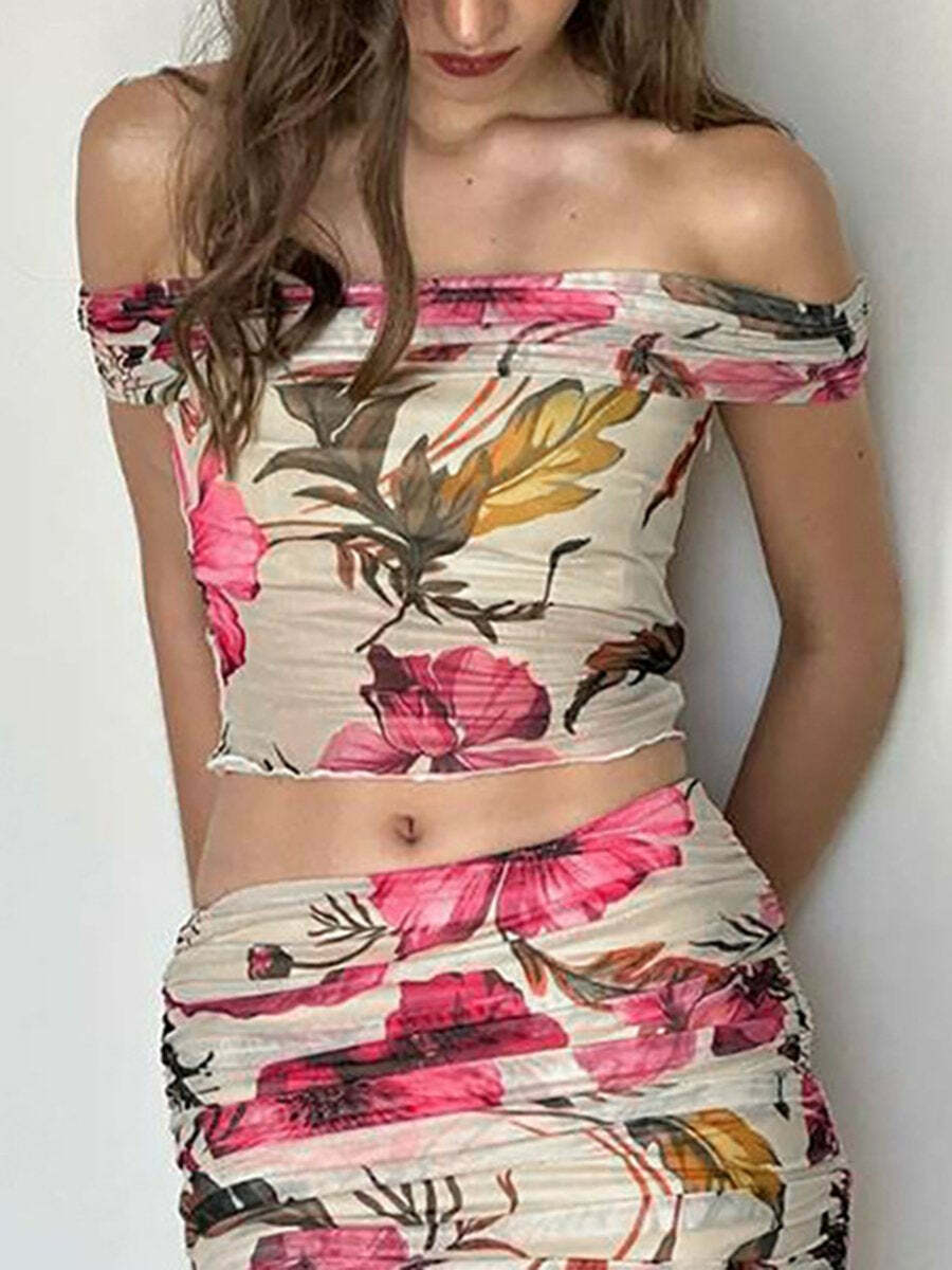 Y2K Coquette Aesthetic Off Shoulder Crop Top & Mini Skirt Set - Cute Pastel Grunge Outfit