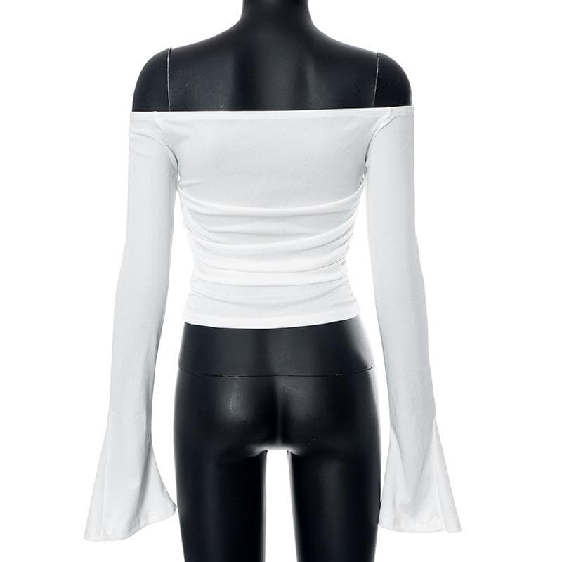Y2K Coquette Aesthetic Ribbed Off-Shoulder Top with Long Flared Sleeves - Cute & Comfy