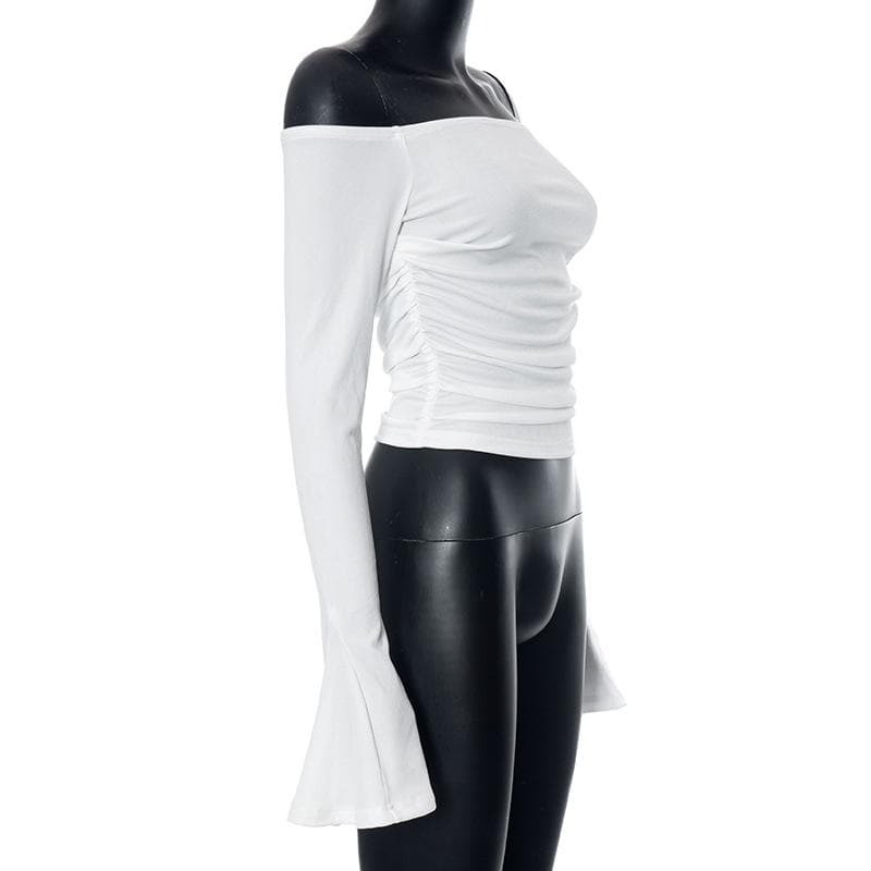 Y2K Coquette Aesthetic Ribbed Off-Shoulder Top with Long Flared Sleeves - Cute & Comfy