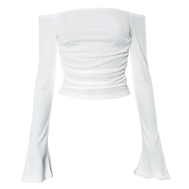 Y2K Coquette Aesthetic Ribbed Off-Shoulder Top with Long Flared Sleeves - Cute & Comfy