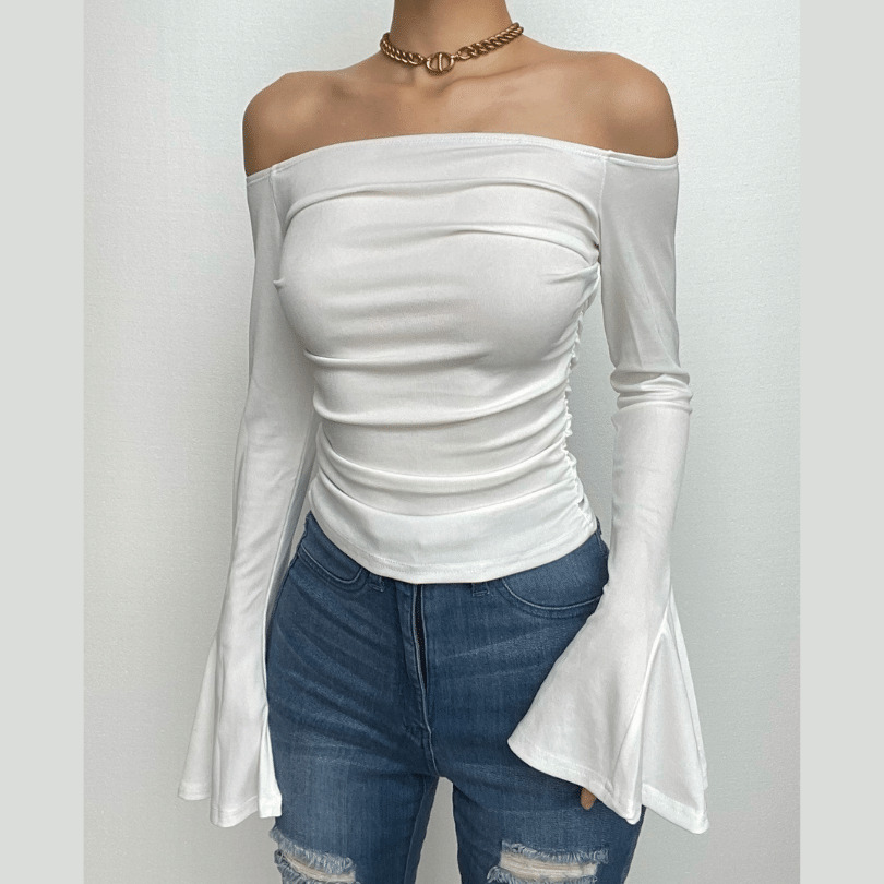 Y2K Coquette Aesthetic Ribbed Off-Shoulder Top with Long Flared Sleeves - Cute & Comfy