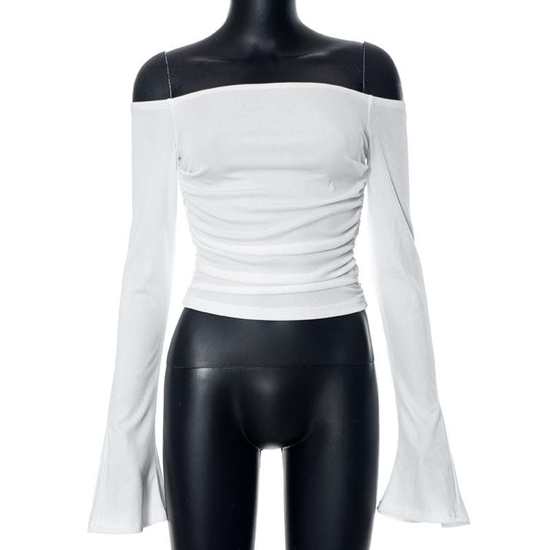Y2K Coquette Aesthetic Ribbed Off-Shoulder Top with Long Flared Sleeves - Cute & Comfy