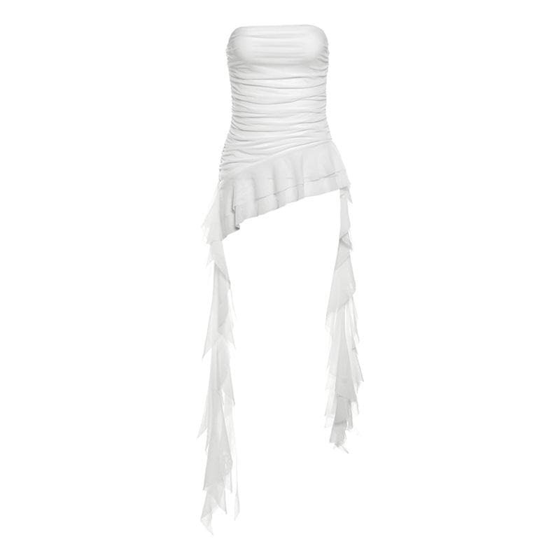 Y2K Coquette Aesthetic Ruffle Mesh Ruched Tube Top - Cute Pastel Goth Fashion Essential