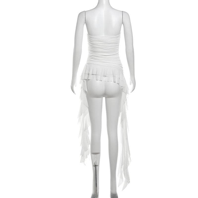 Y2K Coquette Aesthetic Ruffle Mesh Ruched Tube Top - Cute Pastel Goth Fashion Essential
