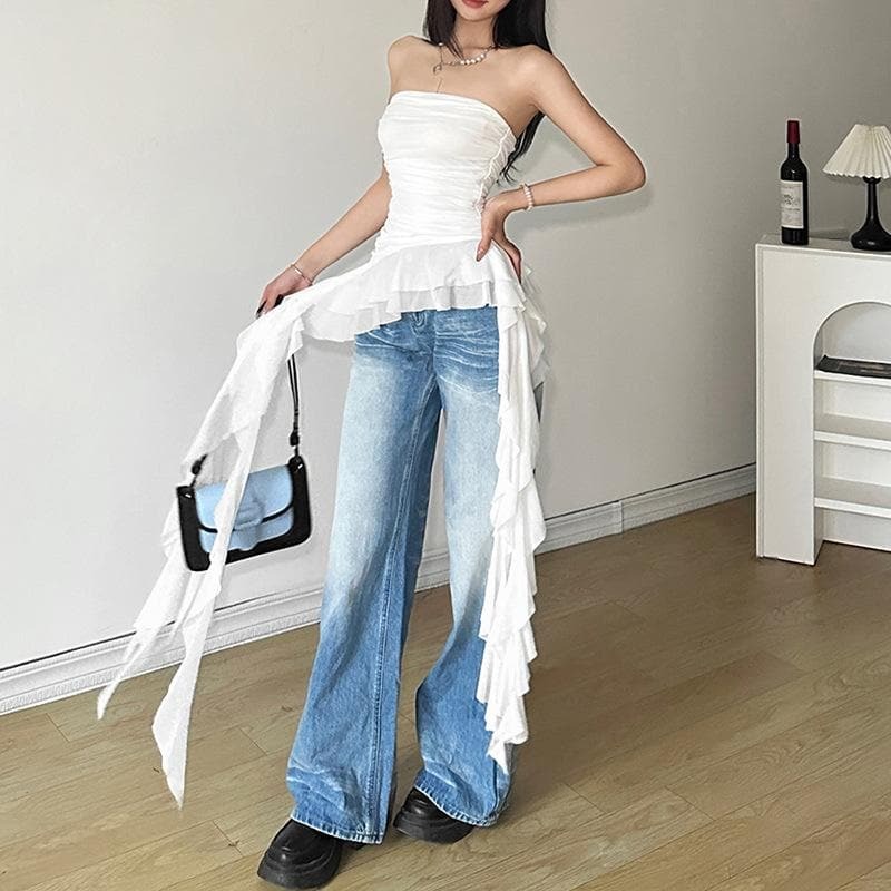 Y2K Coquette Aesthetic Ruffle Mesh Ruched Tube Top - Cute Pastel Goth Fashion Essential