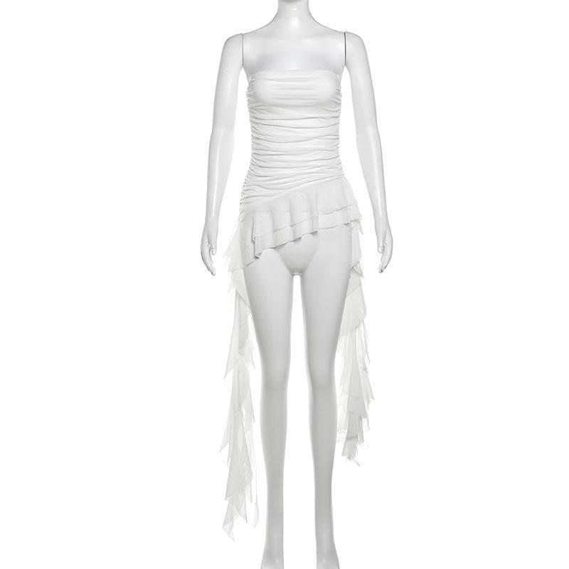 Y2K Coquette Aesthetic Ruffle Mesh Ruched Tube Top - Cute Pastel Goth Fashion Essential