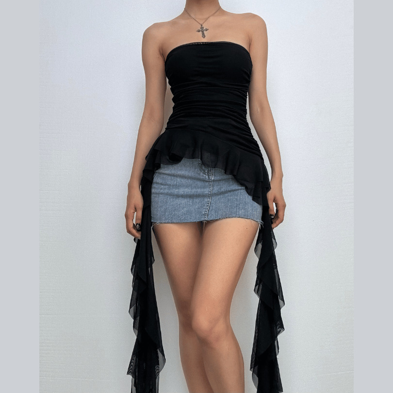 Y2K Coquette Aesthetic Ruffle Mesh Ruched Tube Top - Cute Pastel Goth Fashion Essential