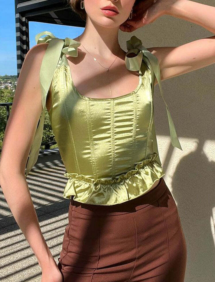 Y2K Coquette Aesthetic Ruffled Tie Cami Top - Cute Pastel Goth Fashion Essential