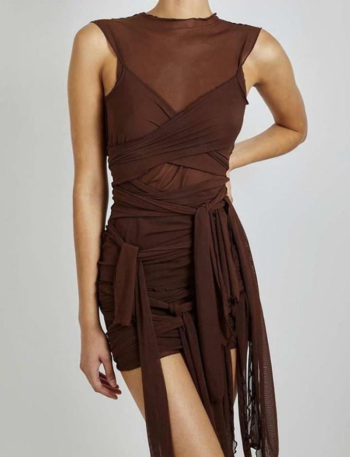 Y2K Coquette Aesthetic See-Through Mesh Open Back Slim Fit Dress for Cute Outfits
