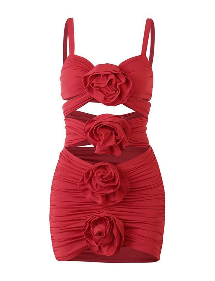Y2K Coquette Aesthetic Short Dress Set with Three-Dimensional Flower Bandage Design