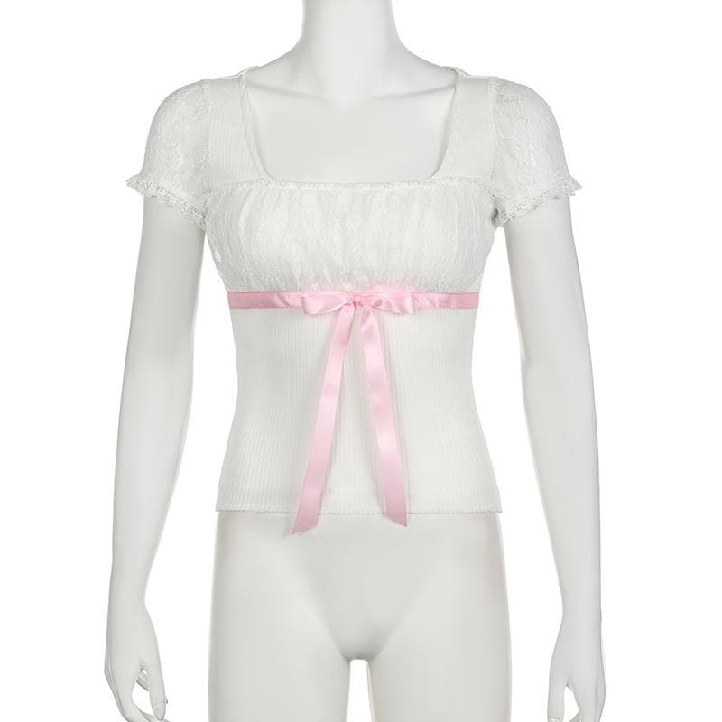 Y2K Coquette Aesthetic Short Sleeve Bowknot Lace Top - Cute Pastel Grunge Style