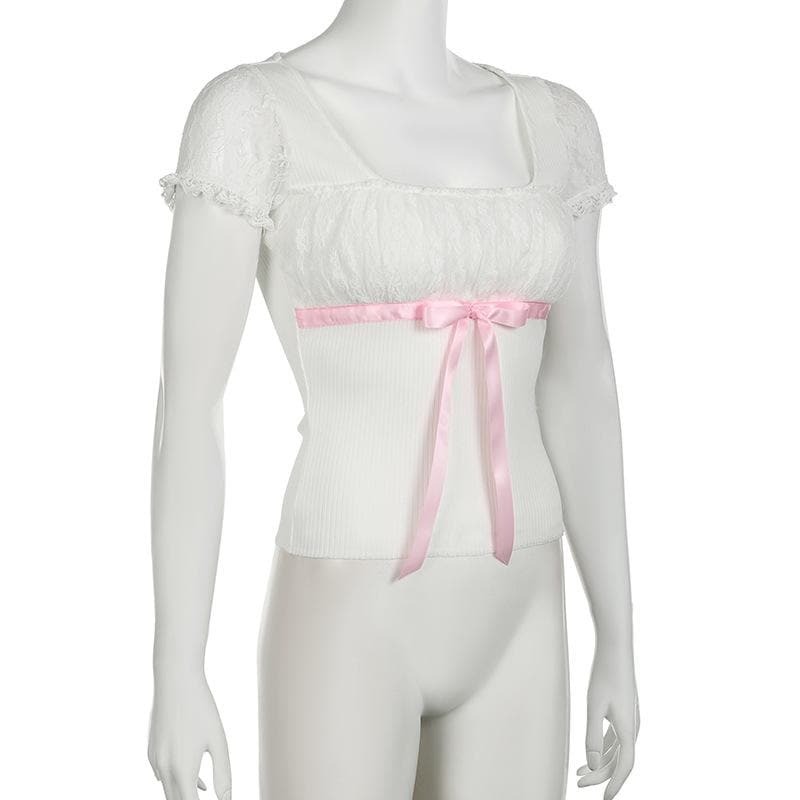 Y2K Coquette Aesthetic Short Sleeve Bowknot Lace Top - Cute Pastel Grunge Style