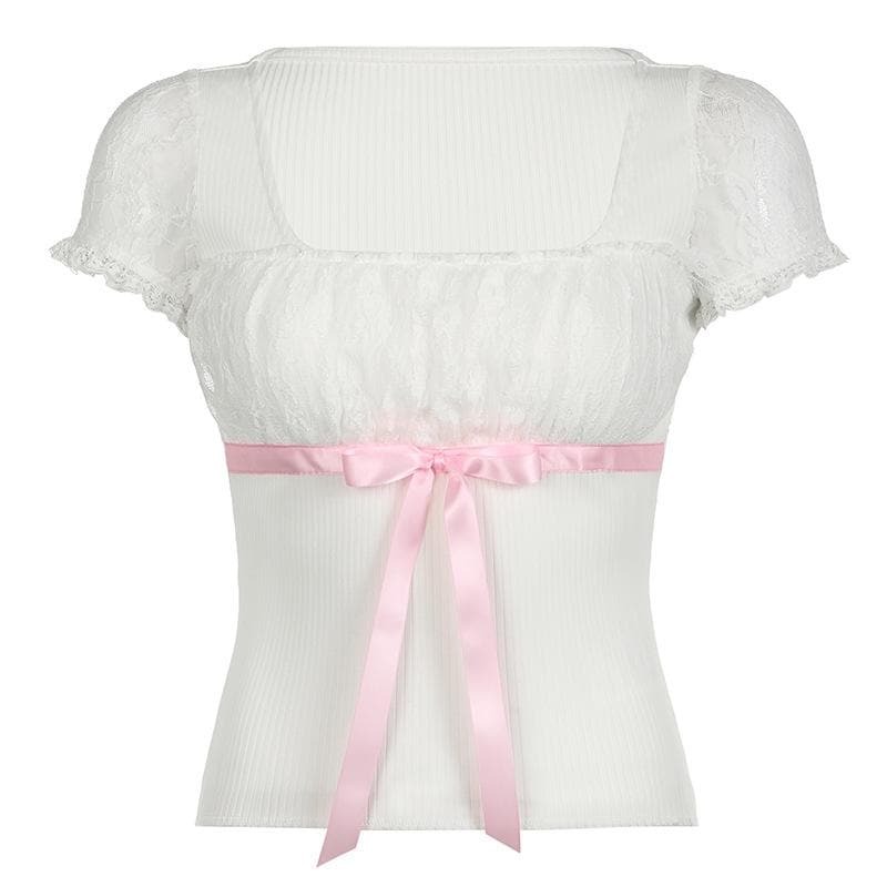 Y2K Coquette Aesthetic Short Sleeve Bowknot Lace Top - Cute Pastel Grunge Style