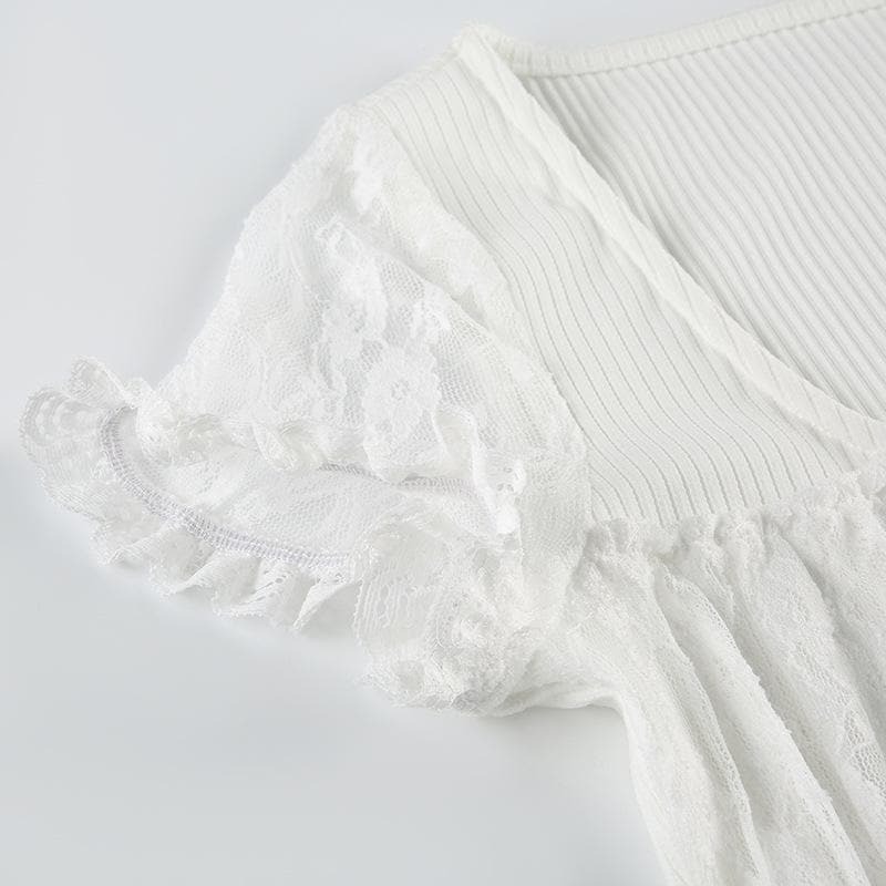 Y2K Coquette Aesthetic Short Sleeve Bowknot Lace Top - Cute Pastel Grunge Style