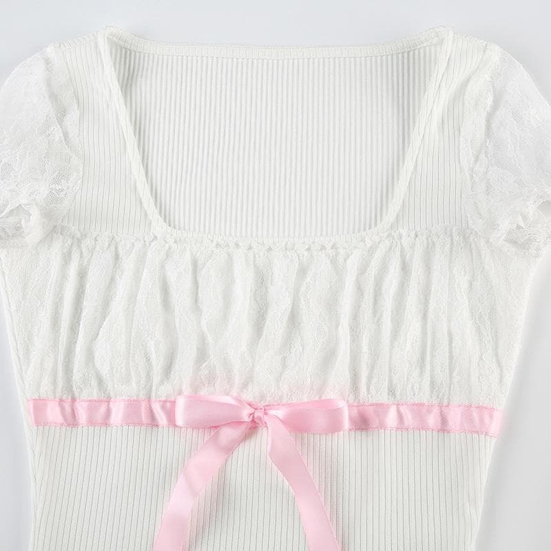 Y2K Coquette Aesthetic Short Sleeve Bowknot Lace Top - Cute Pastel Grunge Style