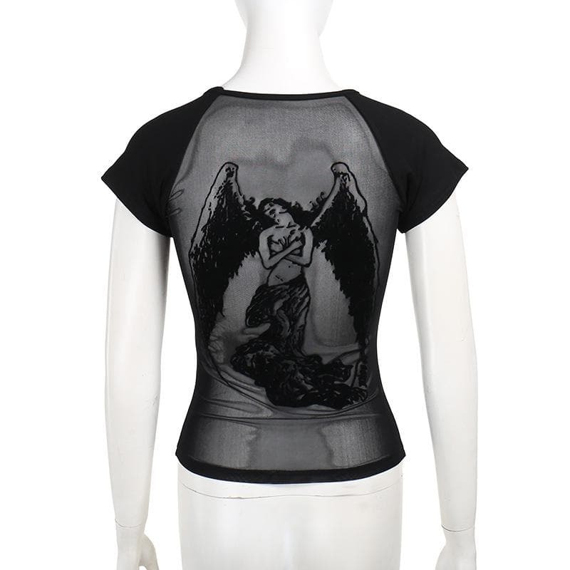 Y2K Coquette Aesthetic Short Sleeve Mesh Top - Cute Pastel Grunge Style Tee