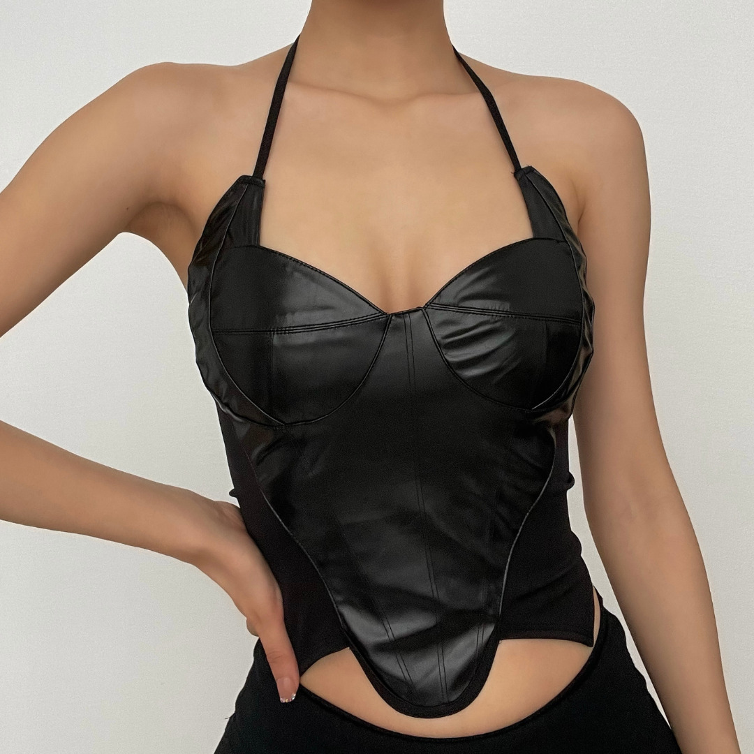 Y2K Coquette Aesthetic Sleeveless PU Leather Halter Backless Crop Top for Cute Outfits