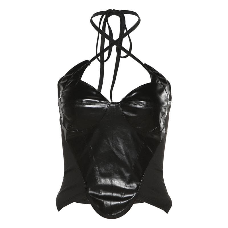 Y2K Coquette Aesthetic Sleeveless PU Leather Halter Backless Crop Top for Cute Outfits