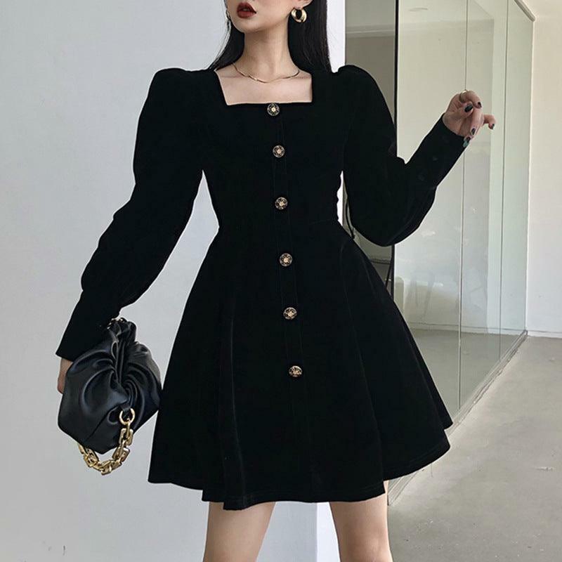 Y2K Coquette Aesthetic Square Collar Velvet A-Line Dress for Cute Fall Outfits