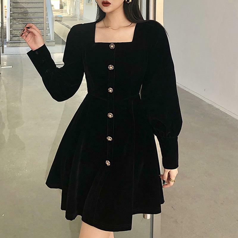 Y2K Coquette Aesthetic Square Collar Velvet A-Line Dress for Cute Fall Outfits
