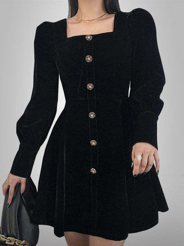 Y2K Coquette Aesthetic Square Collar Velvet A-Line Dress for Cute Fall Outfits