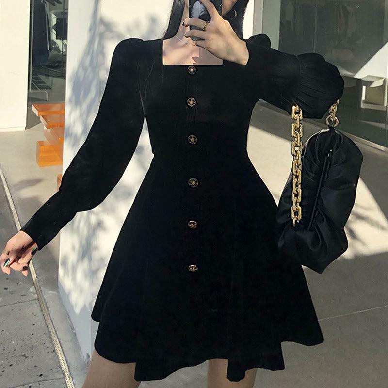Y2K Coquette Aesthetic Square Collar Velvet A-Line Dress for Cute Fall Outfits