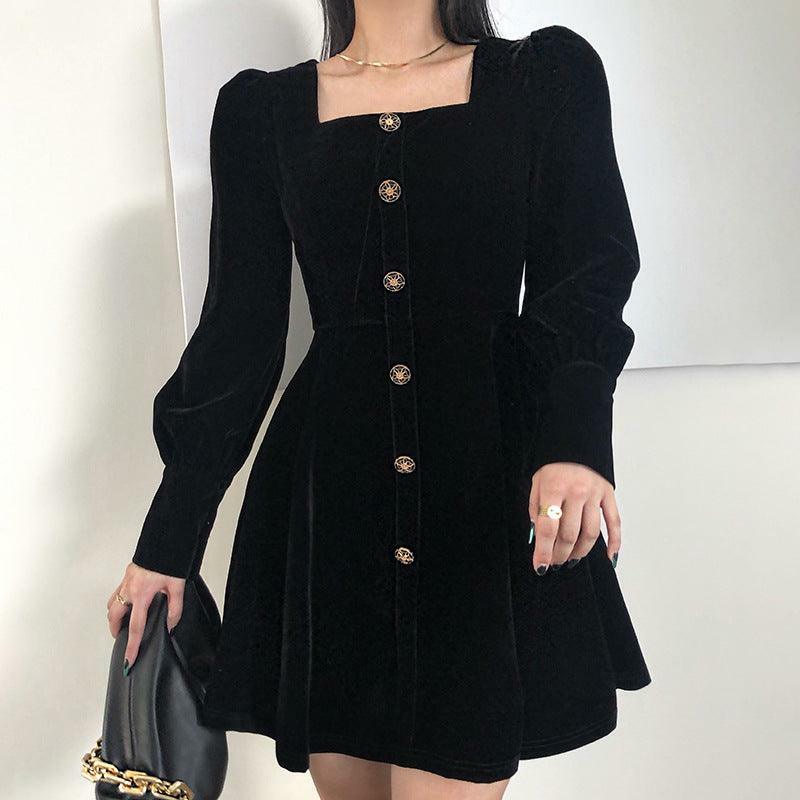 Y2K Coquette Aesthetic Square Collar Velvet A-Line Dress for Cute Fall Outfits