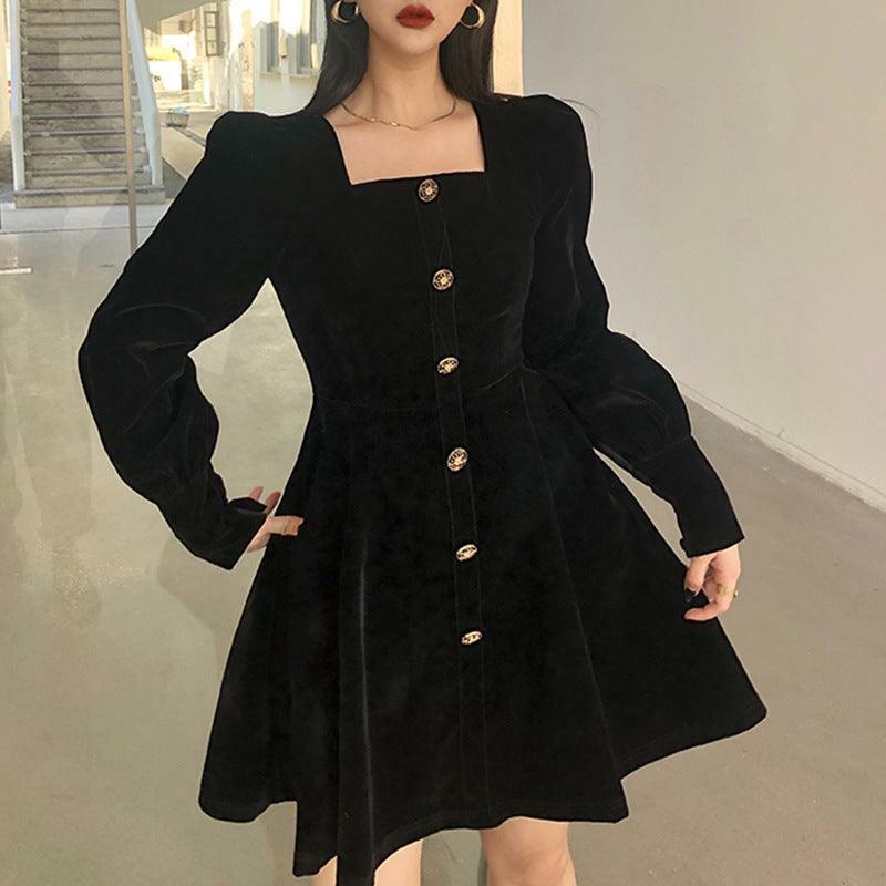 Y2K Coquette Aesthetic Square Collar Velvet A-Line Dress for Cute Fall Outfits