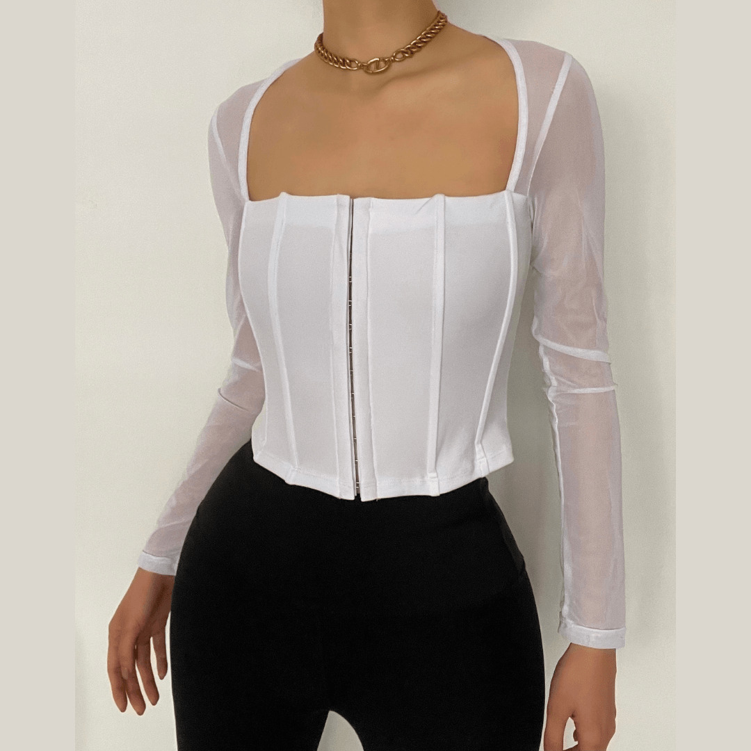 Y2K Coquette Aesthetic Square Neck Buttoned Mesh Long Sleeve Crop Top for Cute Outfits