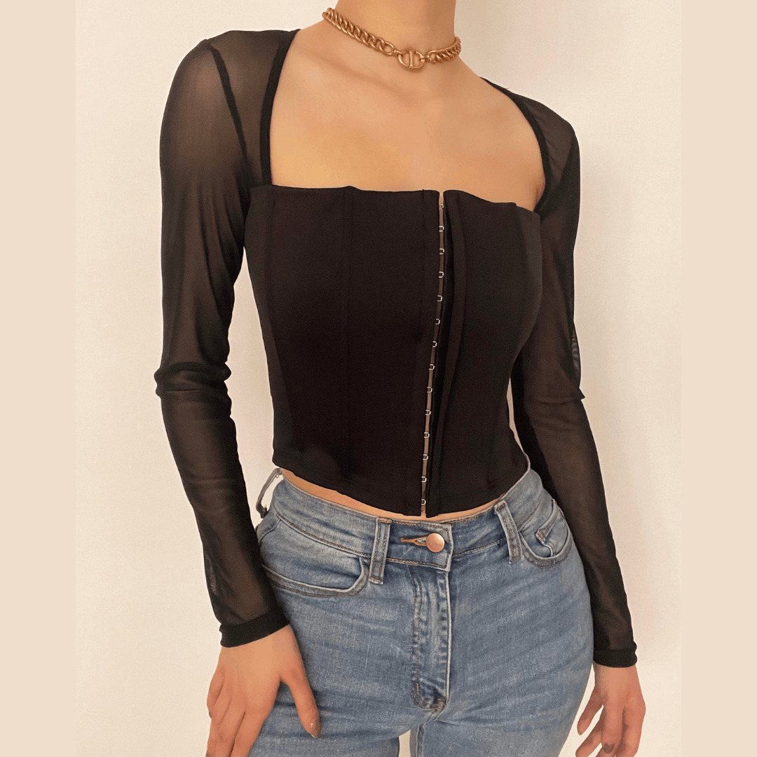 Y2K Coquette Aesthetic Square Neck Buttoned Mesh Long Sleeve Crop Top for Cute Outfits