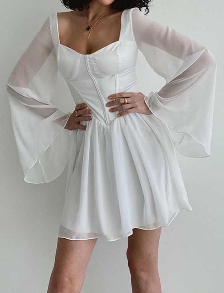 Y2K Coquette Aesthetic Square Neck Long Sleeve Wrap Dress - Cute Pastel Goth Tunic Style