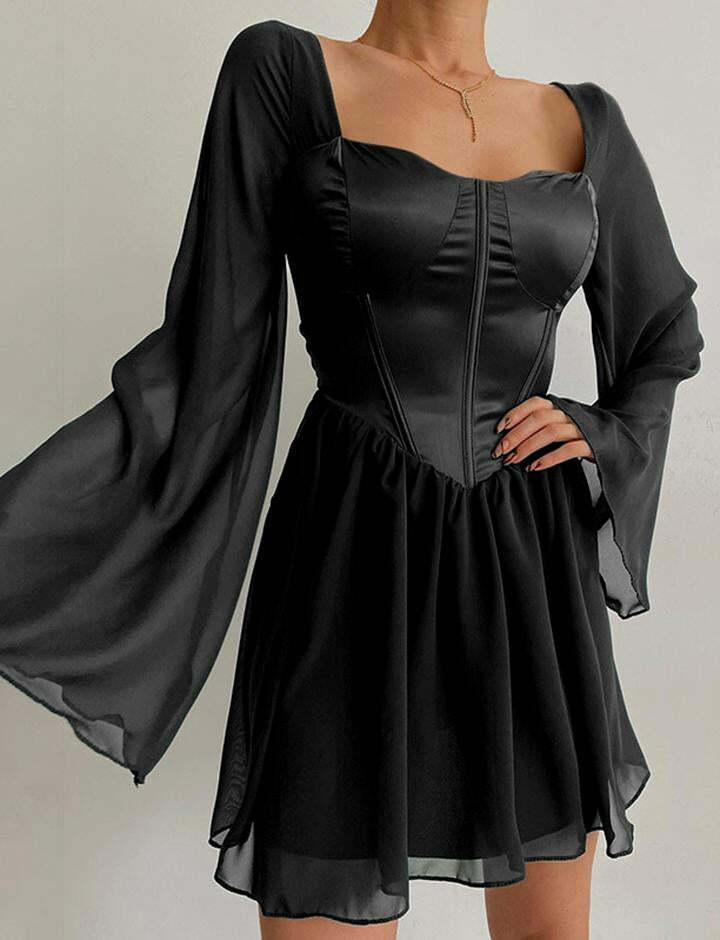 Y2K Coquette Aesthetic Square Neck Long Sleeve Wrap Dress - Cute Pastel Goth Tunic Style