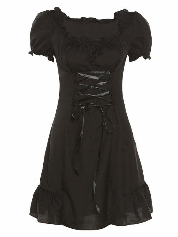 Y2K Coquette Aesthetic Square Neck Puff Sleeve Dress - Cute & Comfy for Every Occasion