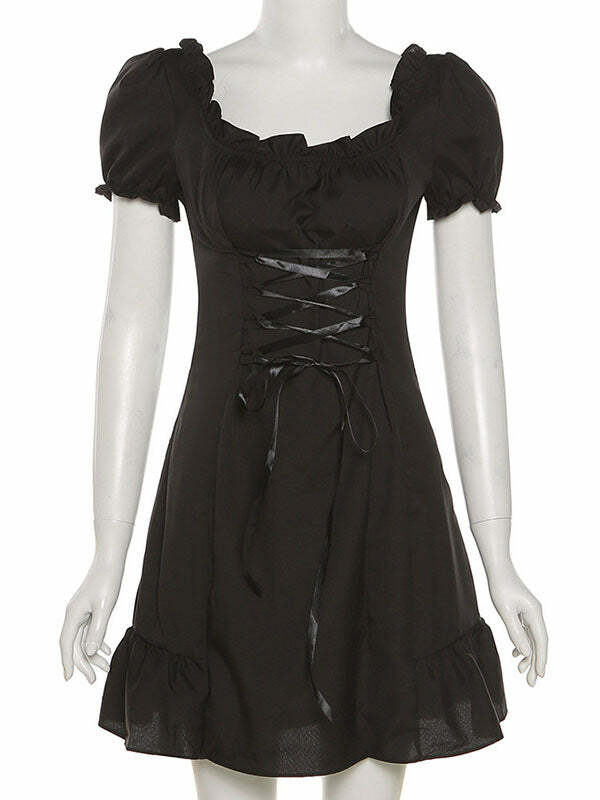 Y2K Coquette Aesthetic Square Neck Puff Sleeve Dress - Cute & Comfy for Every Occasion