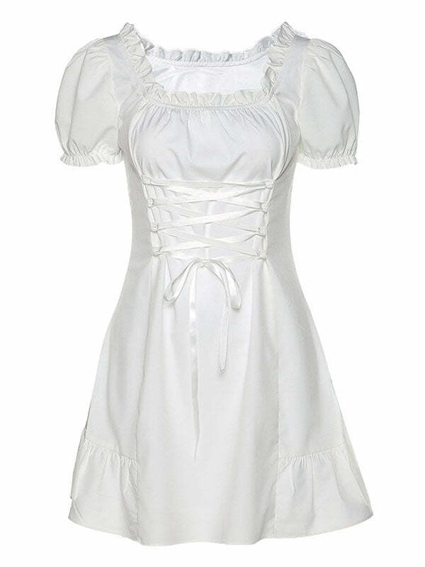 Y2K Coquette Aesthetic Square Neck Puff Sleeve Dress - Cute & Comfy for Every Occasion